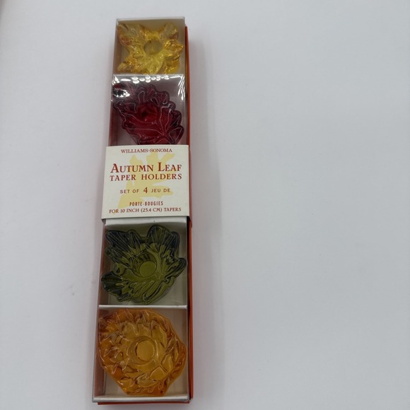 Williams Sonoma Autumn Leaf Taper Holders & 2 Boxes Unused Amber Taper Candles - Picture 2 of 4